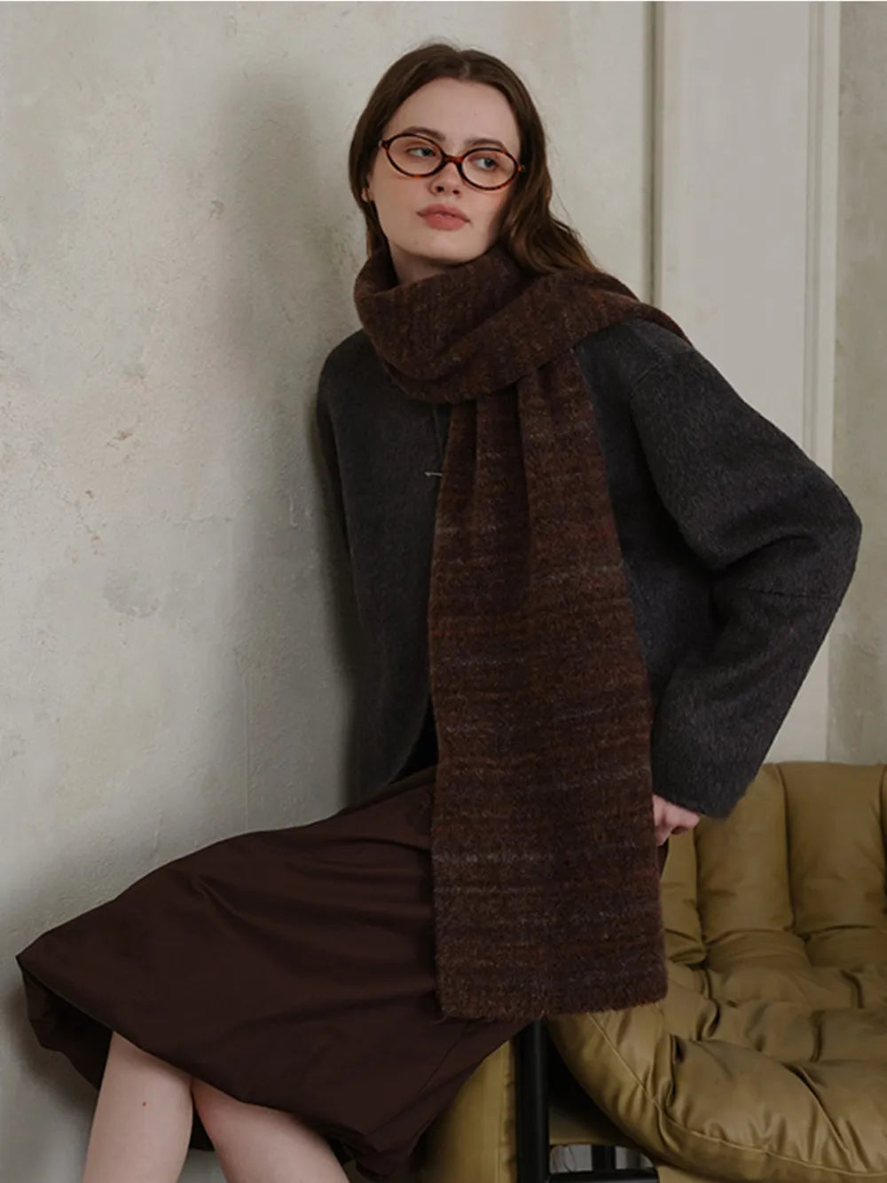 Striped Detail Knit Scarf - Chocolate - View 5