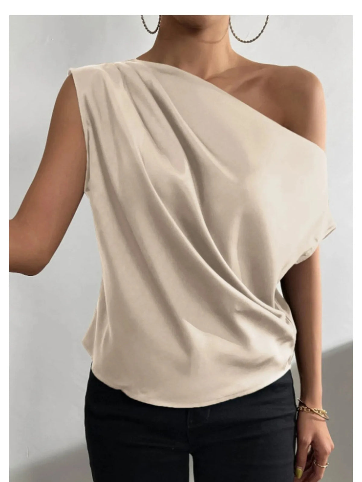 Asymmetrical One-Shoulder Draped Blouse - Milky White - View 9