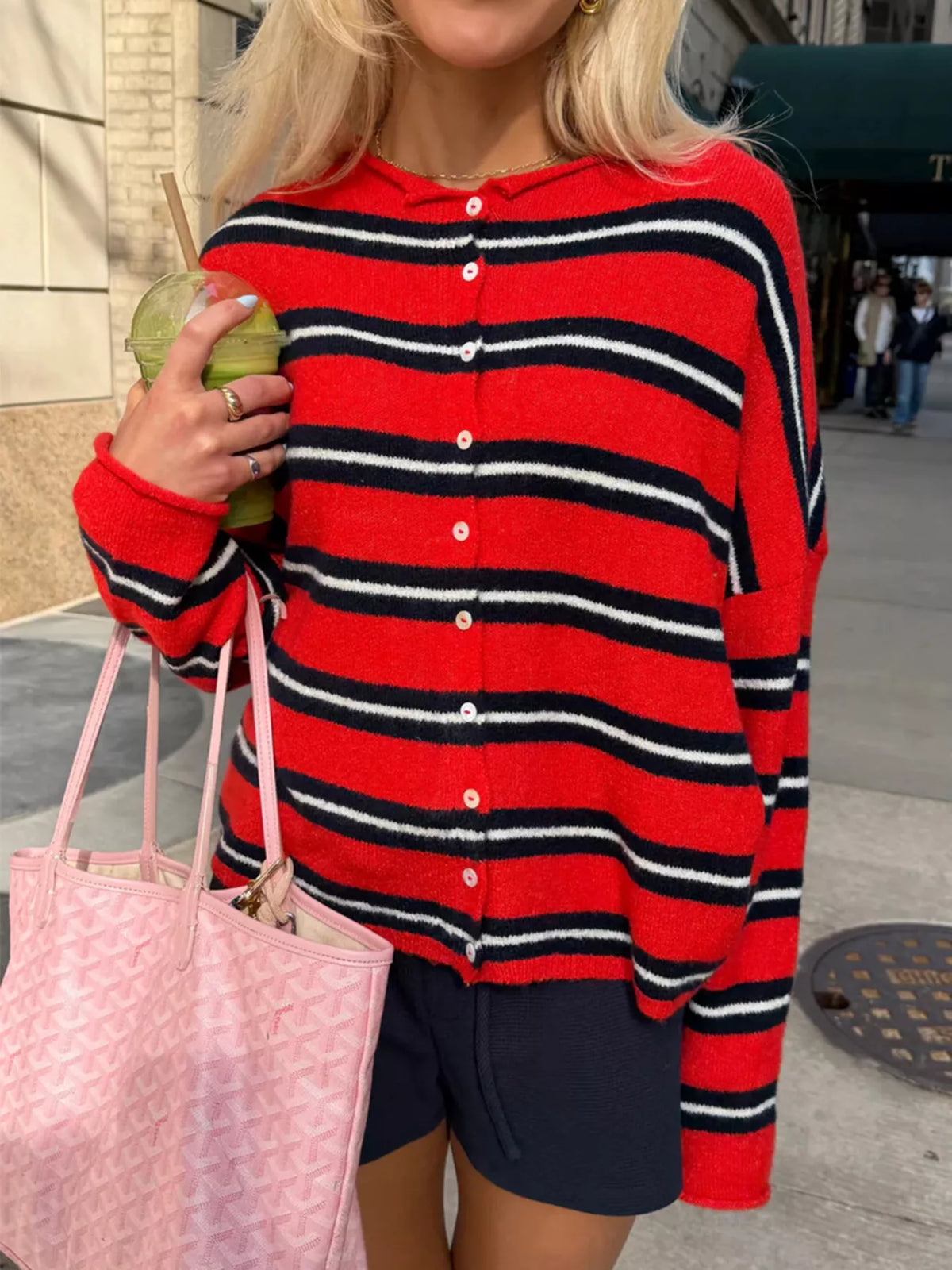 Striped Button-Down Knit Cardigan - Deep Red - View 3