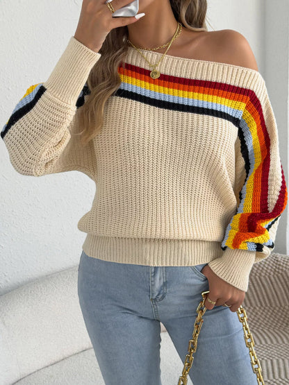 Striped Knit Boat Neck Sweater - Beige - View 2
