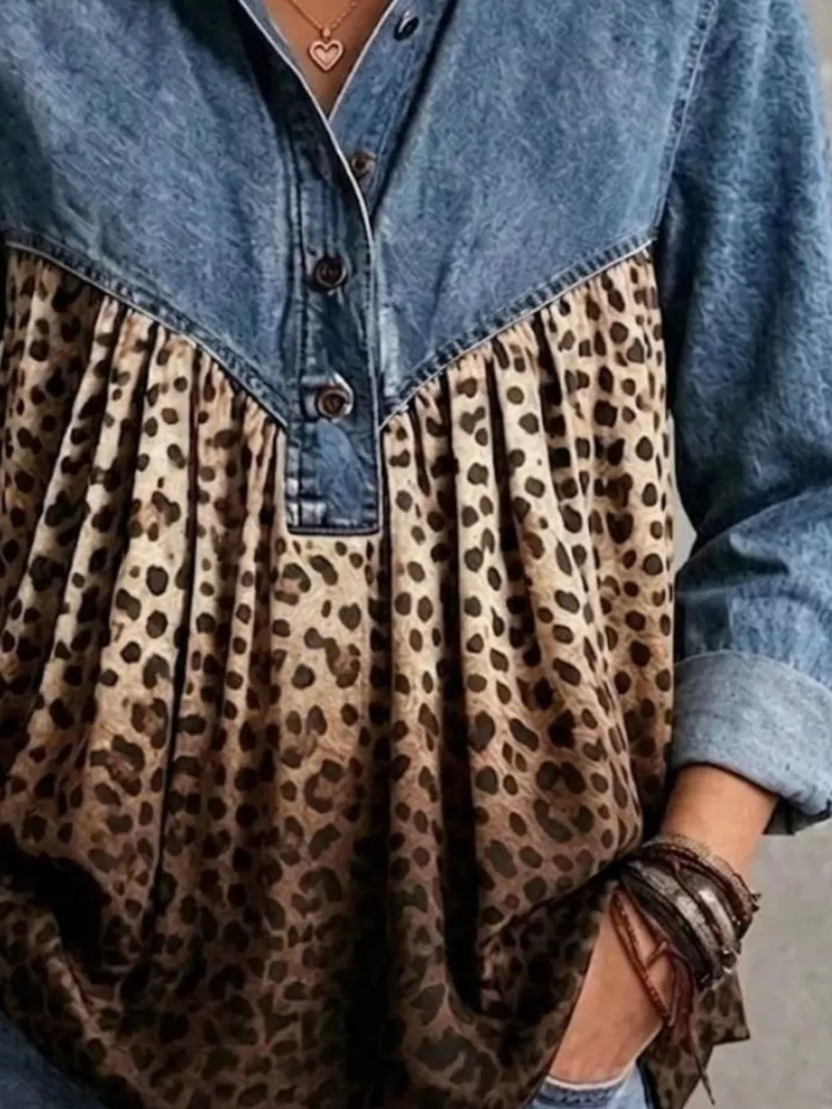 Full Size Leopard Button Detail Blouse Plus Size - Light Blue - View 3