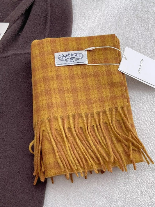 Classic Plaid Fringe Scarf - Yellow - View 1