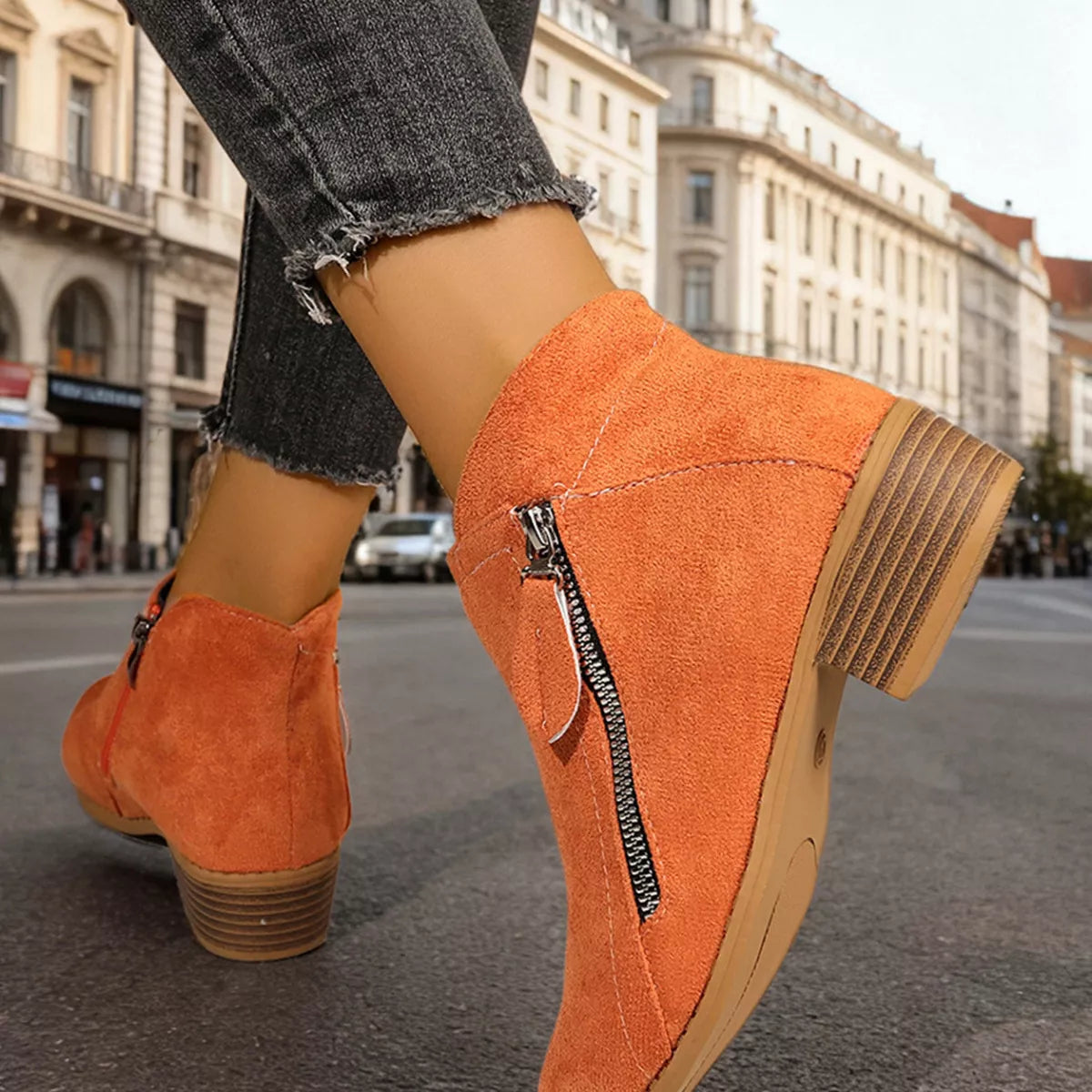 Point Toe Block Heels Boots - Orange Red - View 16