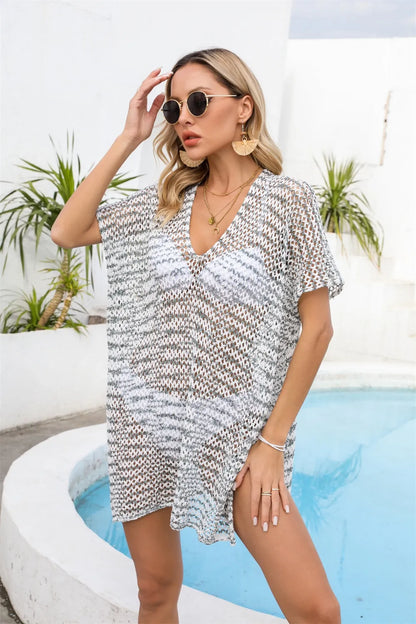 Angel Wings Openwork V-Neck Short Sleeve Cover Up - White - View 4