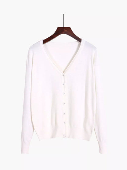 Classic V-Neck Button-Down Knit Cardigan - White - View 3