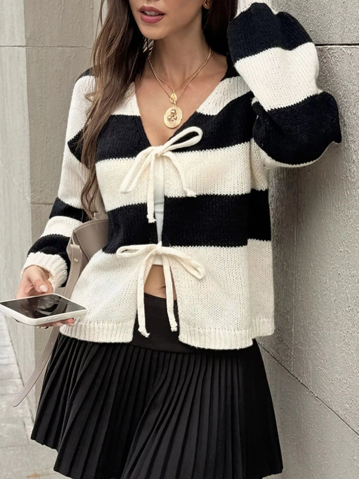 Striped Tie-Front Knit Cardigan - All Colors - View 1