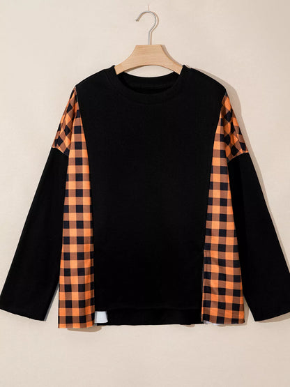 Patchwork Plaid Pumpkin Face Long Sleeve Top - Black - View 5