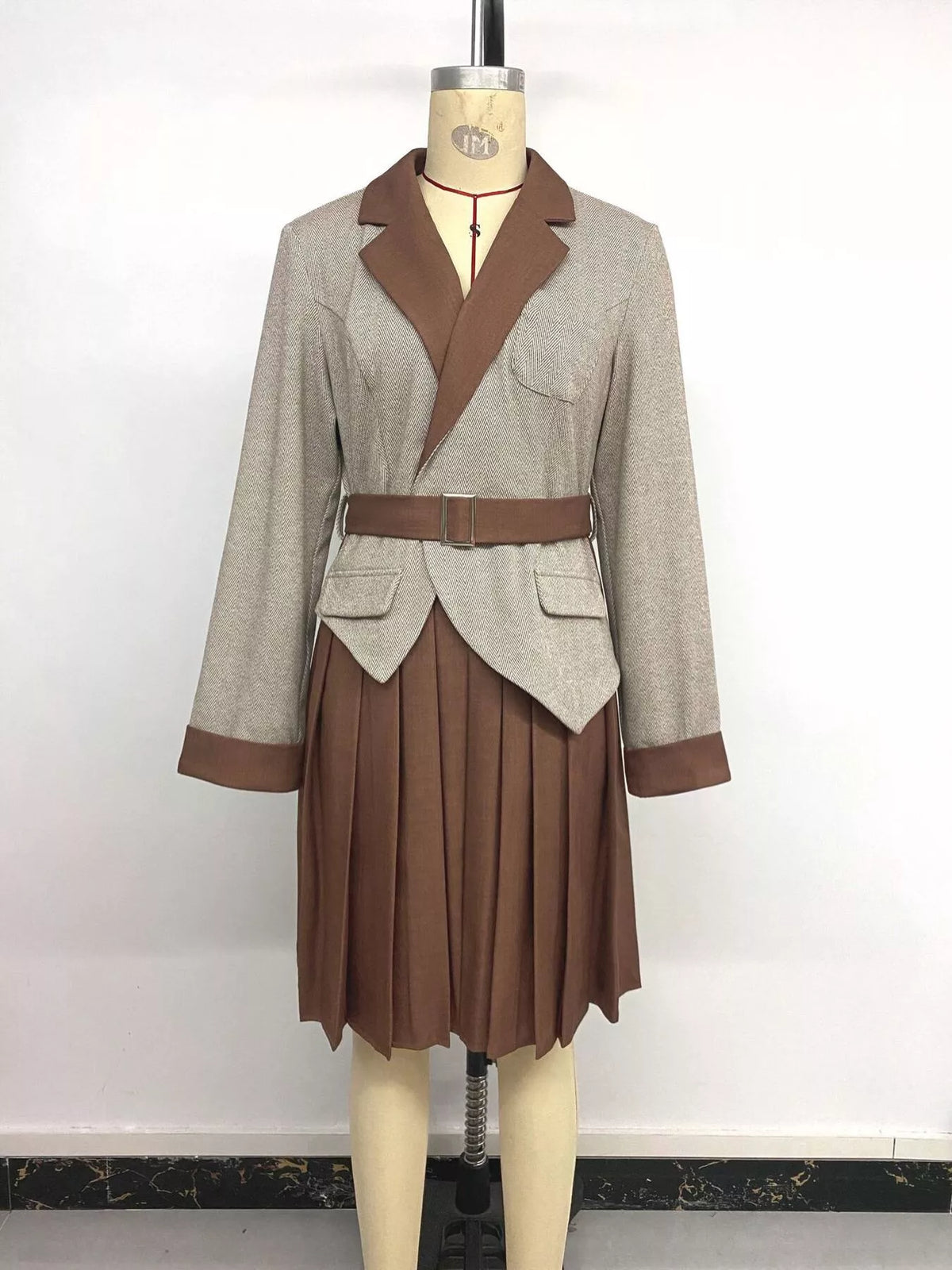 Pleated Patchwork Blazer Belt Dress - Brown - View 15