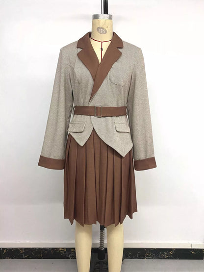 Pleated Patchwork Blazer Belt Dress - Brown - View 15