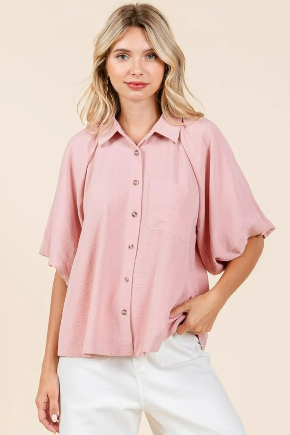 Mittoshop Airflow Short Bubble Sleeve Button Down Shirt - Rose Wood - View 1