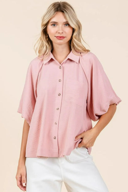 Mittoshop Airflow Short Bubble Sleeve Button Down Shirt - Rose Wood - View 1