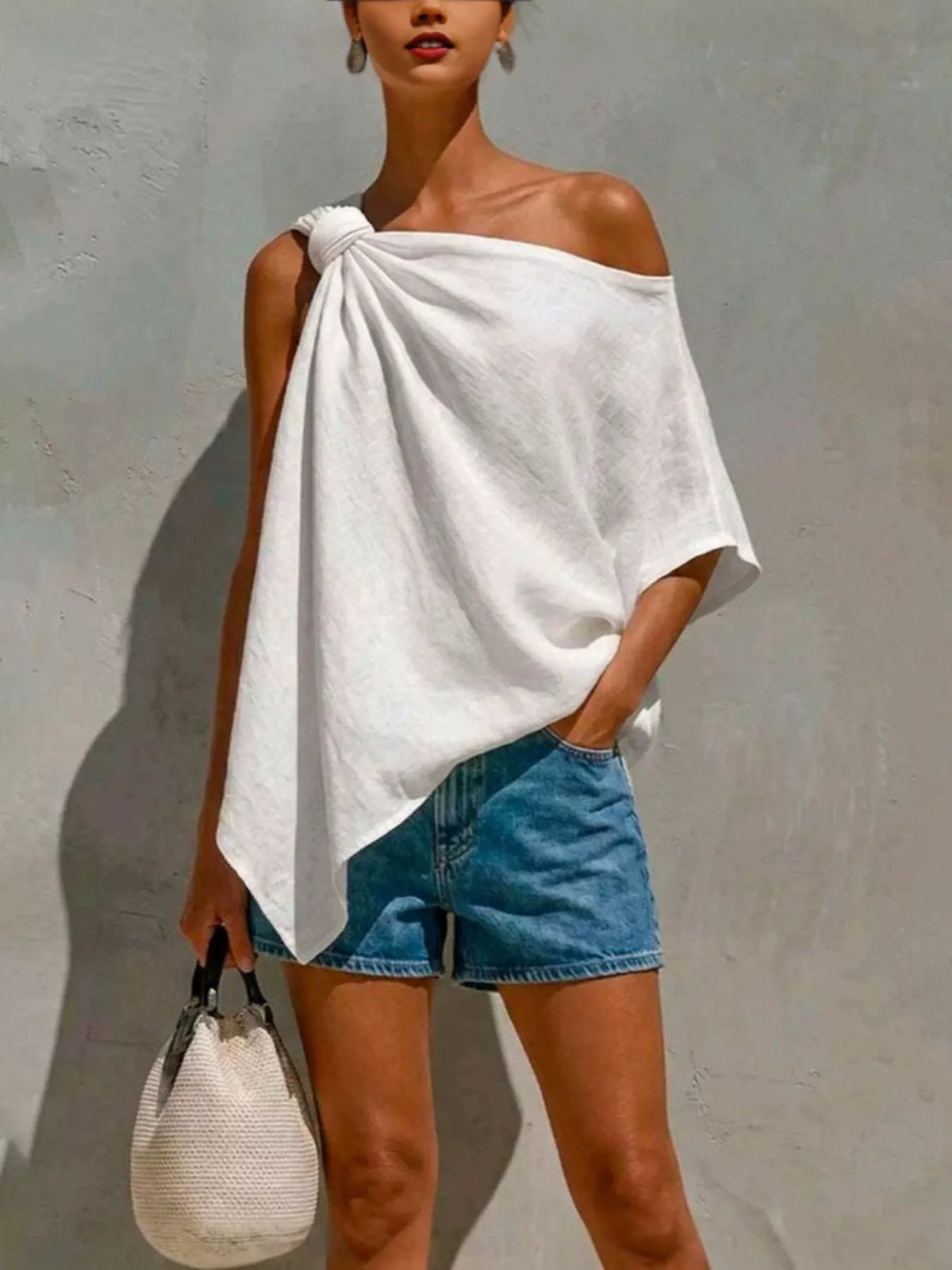 Full Size One-Shoulder Knot Detail Blouse Plus Size - White - View 1