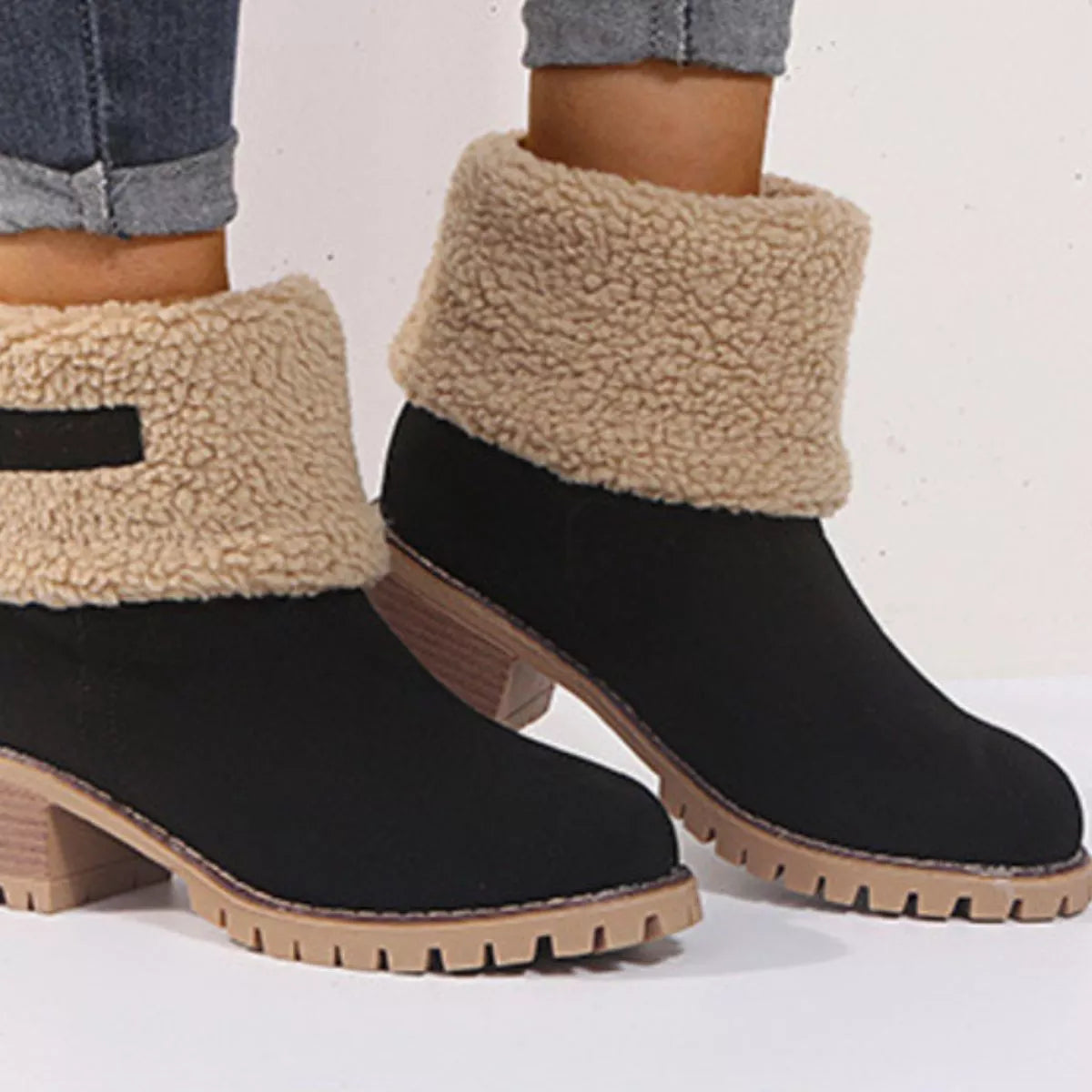 Round Toe Block Heels Boots - Black - View 8