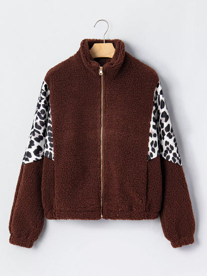 Leopard Patchwork Fleece Western Style Zip-up Collar Jacket - Brown - View 10