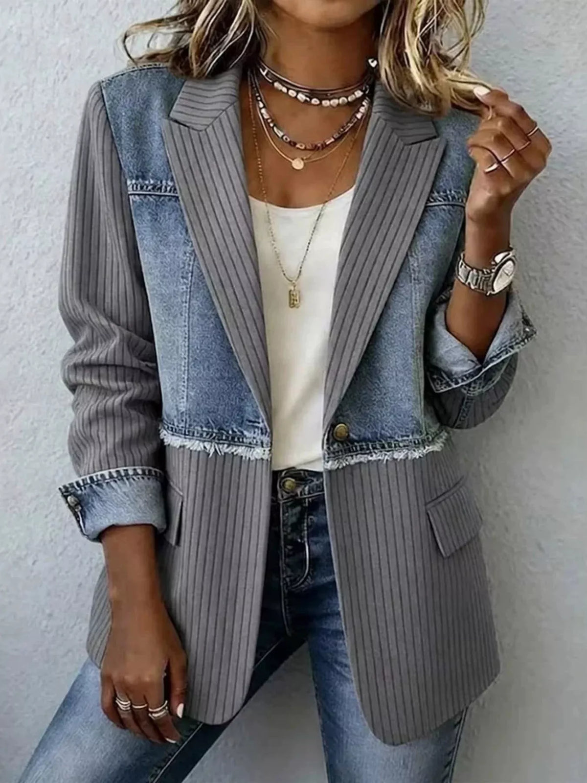 Full Size Patchwork Denim Ribbed Blazer Plus Size - Dark Gray - View 1