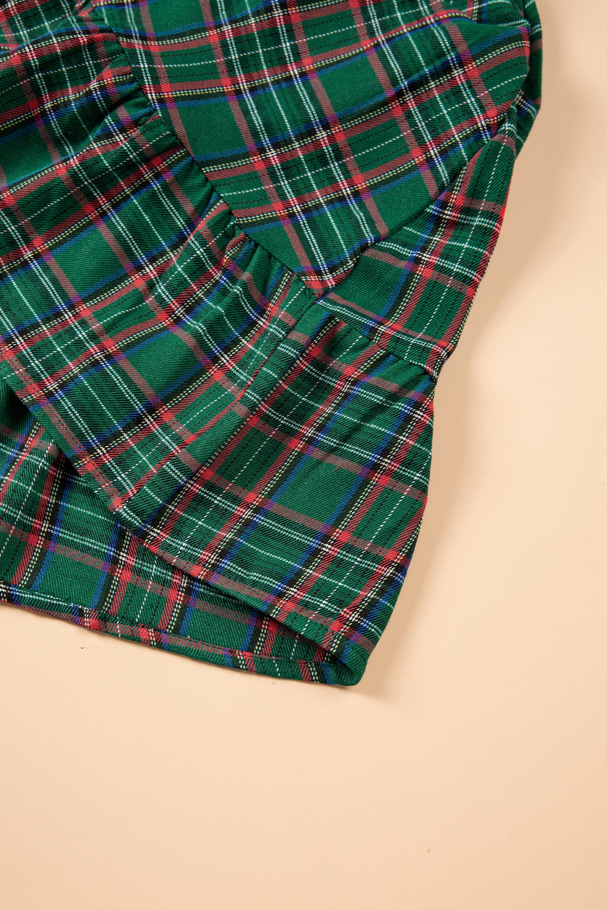 Green Plaid Shirred U Neck Short Sleeve Mini Dress - product photo 9
