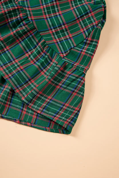 Green Plaid Shirred U Neck Short Sleeve Mini Dress - product photo 9