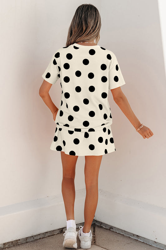 White Polka Dot Short Sleeve Top Casual Skort 2pcs Outfit - White - 2