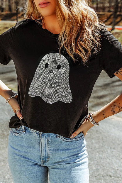 Full Size Rhinestone Ghost Round Neck T-Shirt Plus Size - Black - View 5