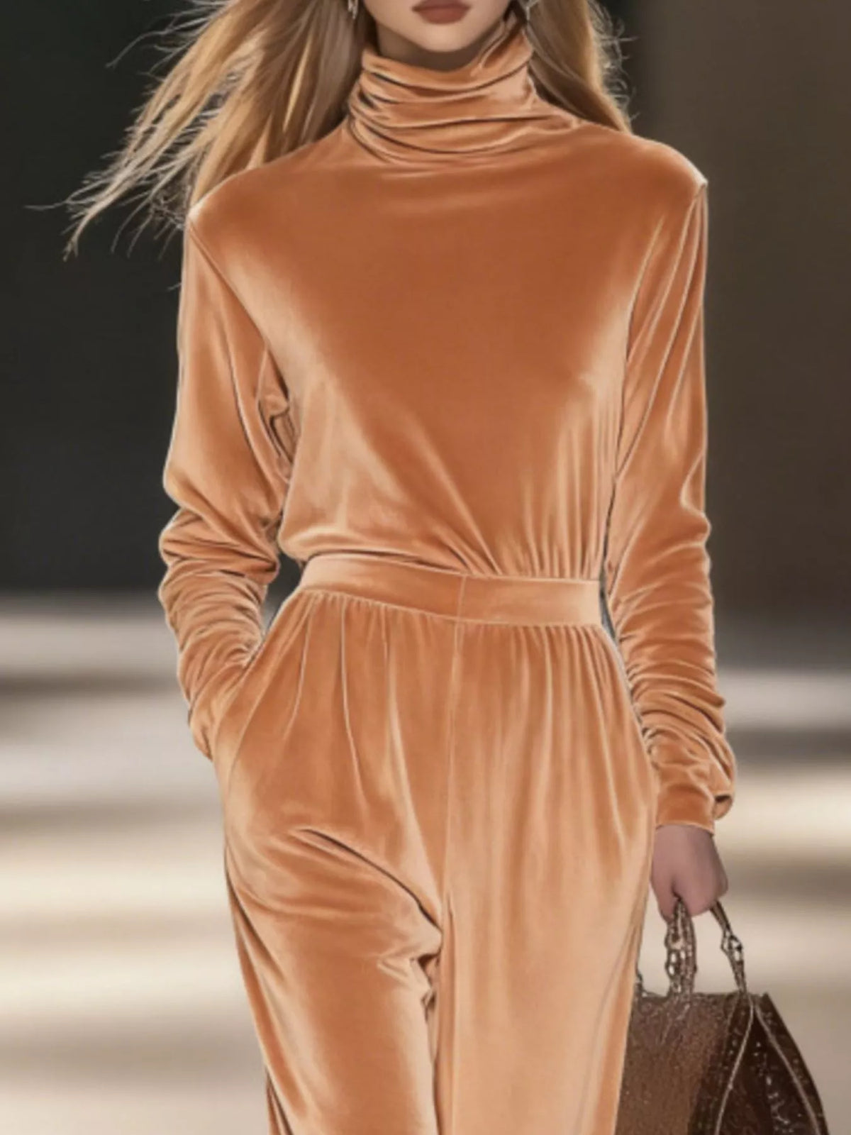 Full Size Velvet Turtleneck Long Sleeve Top and Wide-Leg Pants Set Plus Size - Khaki - View 2
