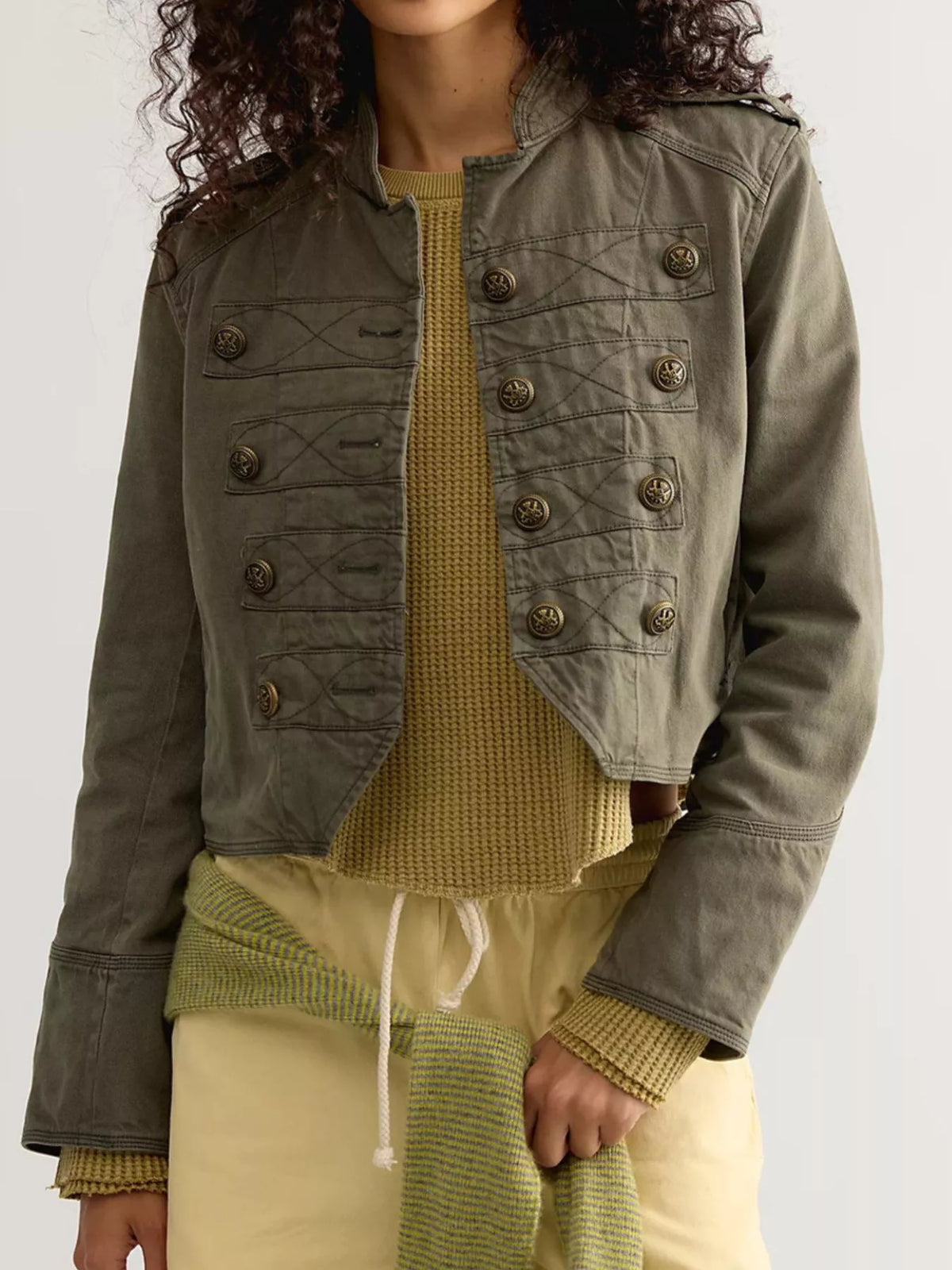 Decorative Button Cropped Jacket - Army Green - View 2