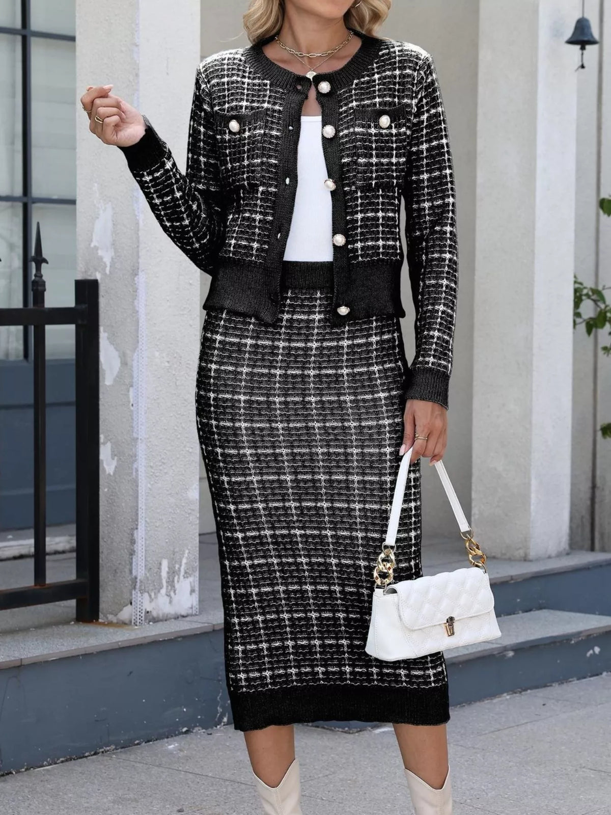 Plaid Knit Cardigan and Midi Skirt Sweater Set - Black - View 3