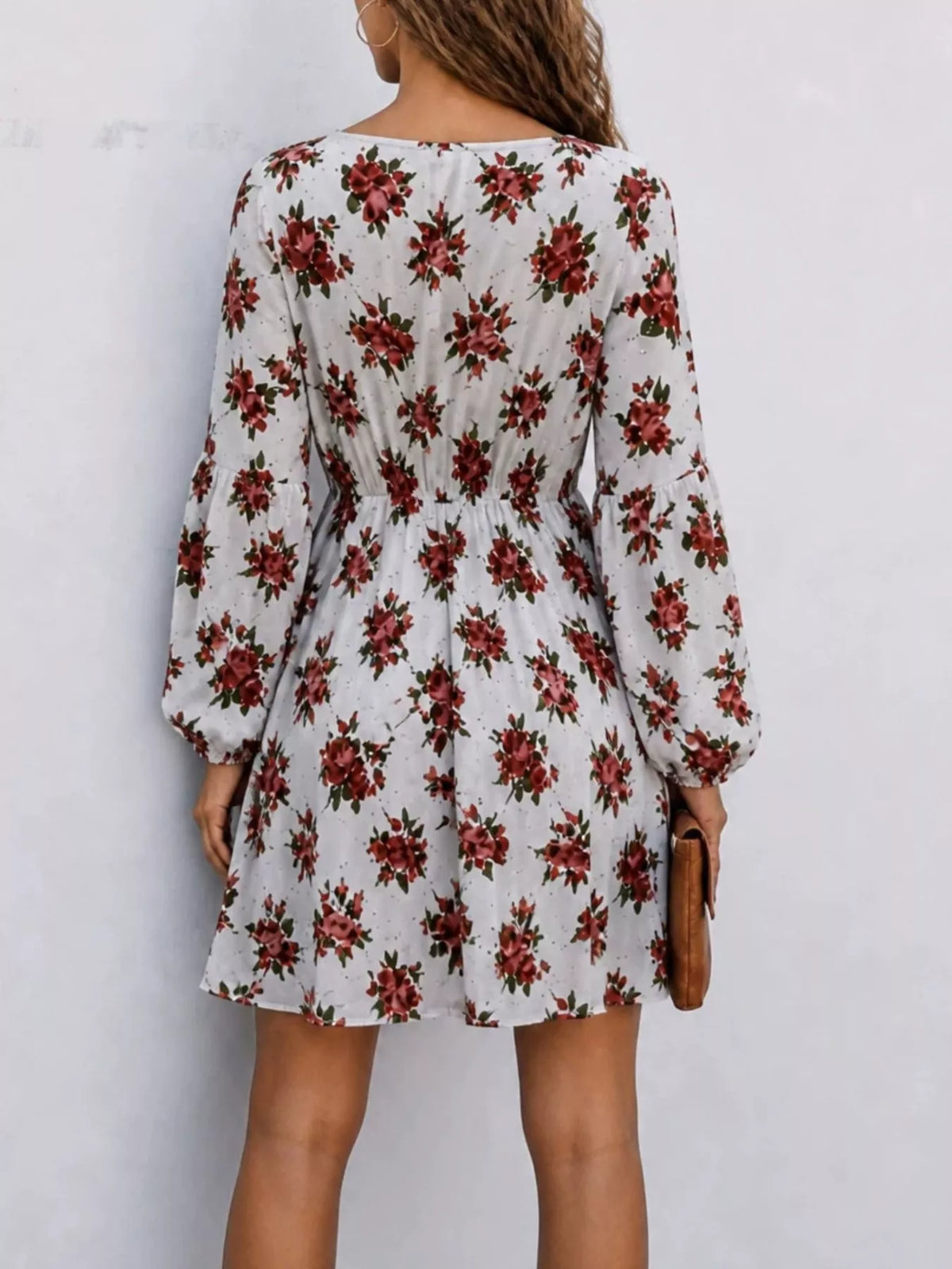 Floral Print V-Neck Long Sleeve Mini Dress - White - View 4