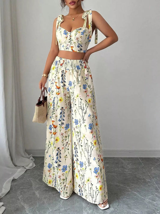 Floral Print Tie-Shoulder Crop Top & Wide Leg Pants Set - product photo 1