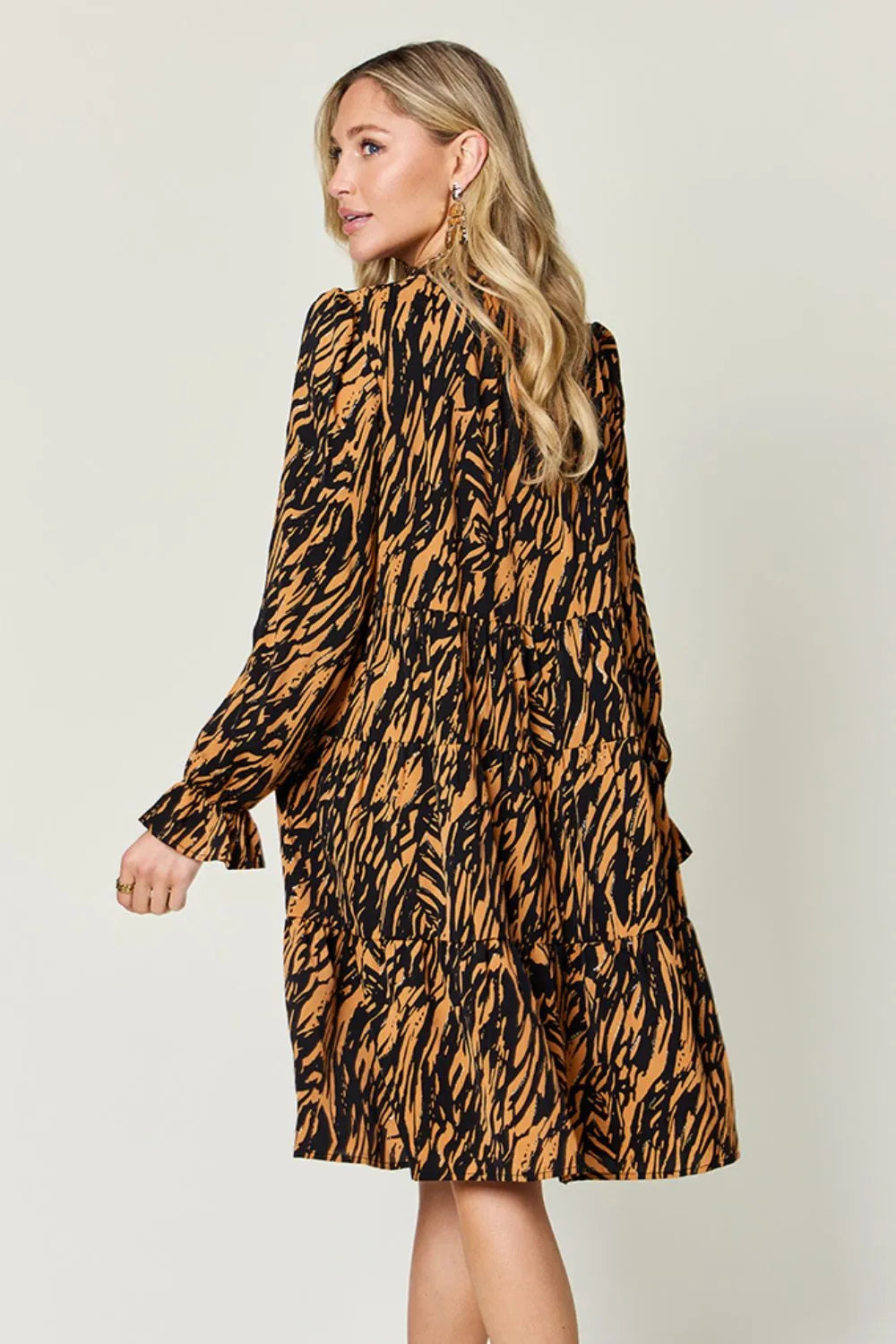 Double Take Full Size Printed Ruffle Hem Long Sleeve Dress Plus Size - Caramel - View 5