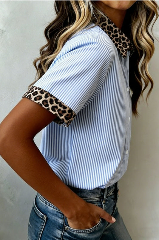 Sky Blue Stripe Leopard Contrast Collar Short Sleeve Shirt - Sky Blue Stripe - 2
