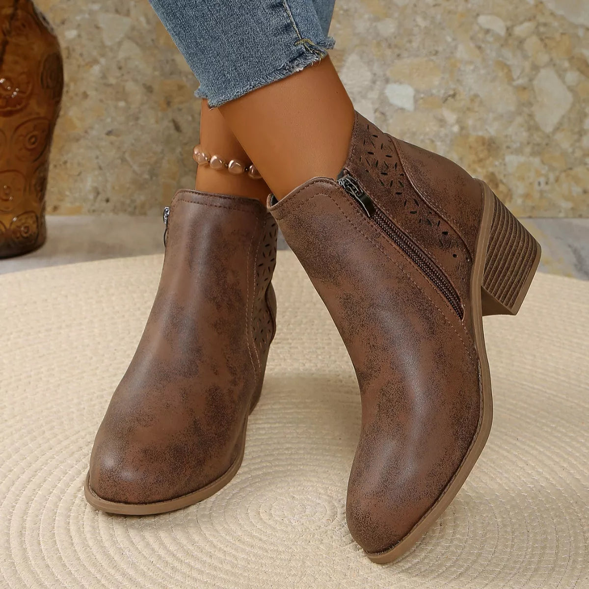 Point Toe Block Heels Boots - Brown - View 11