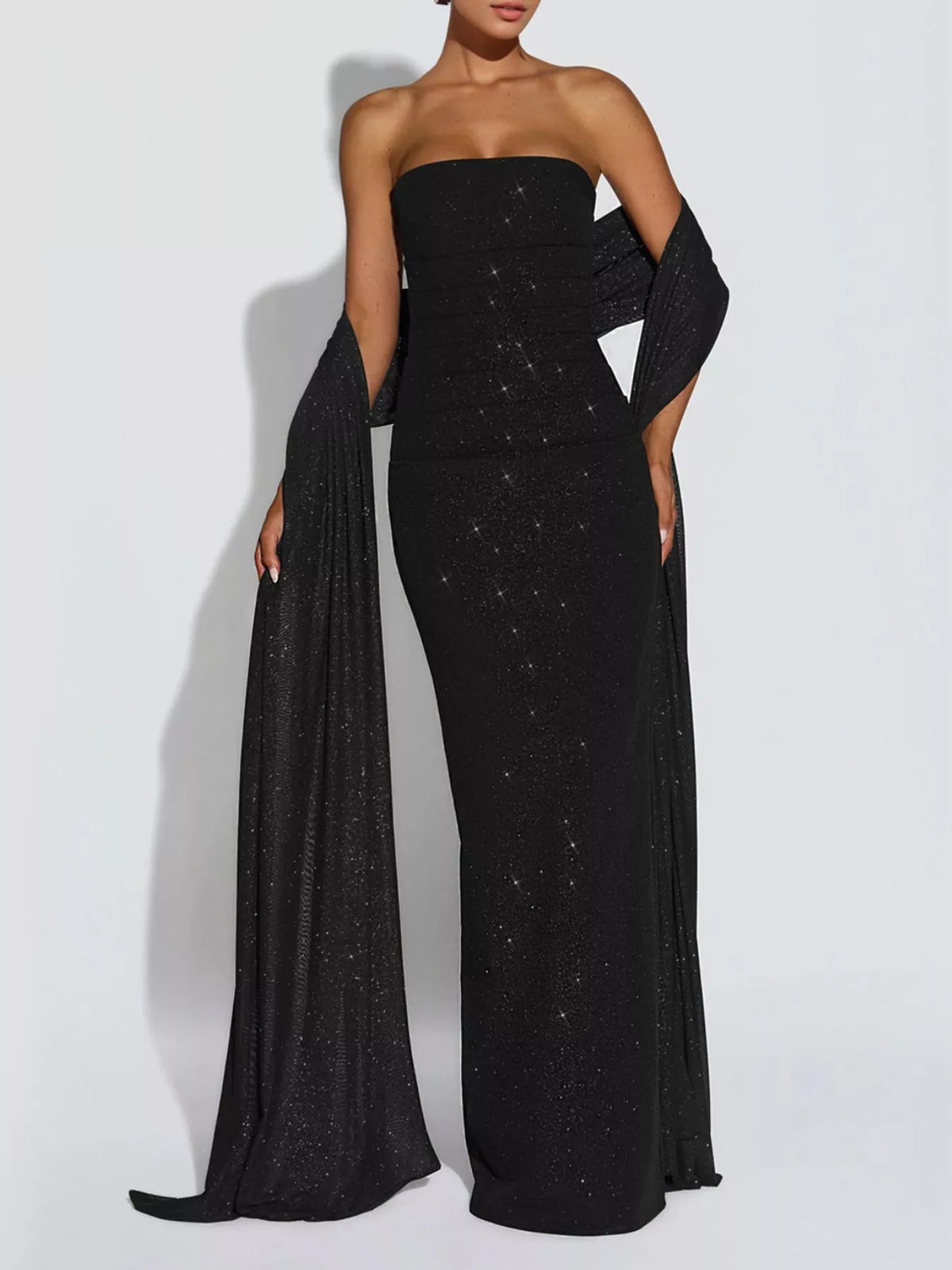 Slit Glitter Tube Maxi Dress with Scarf - Black - View 2