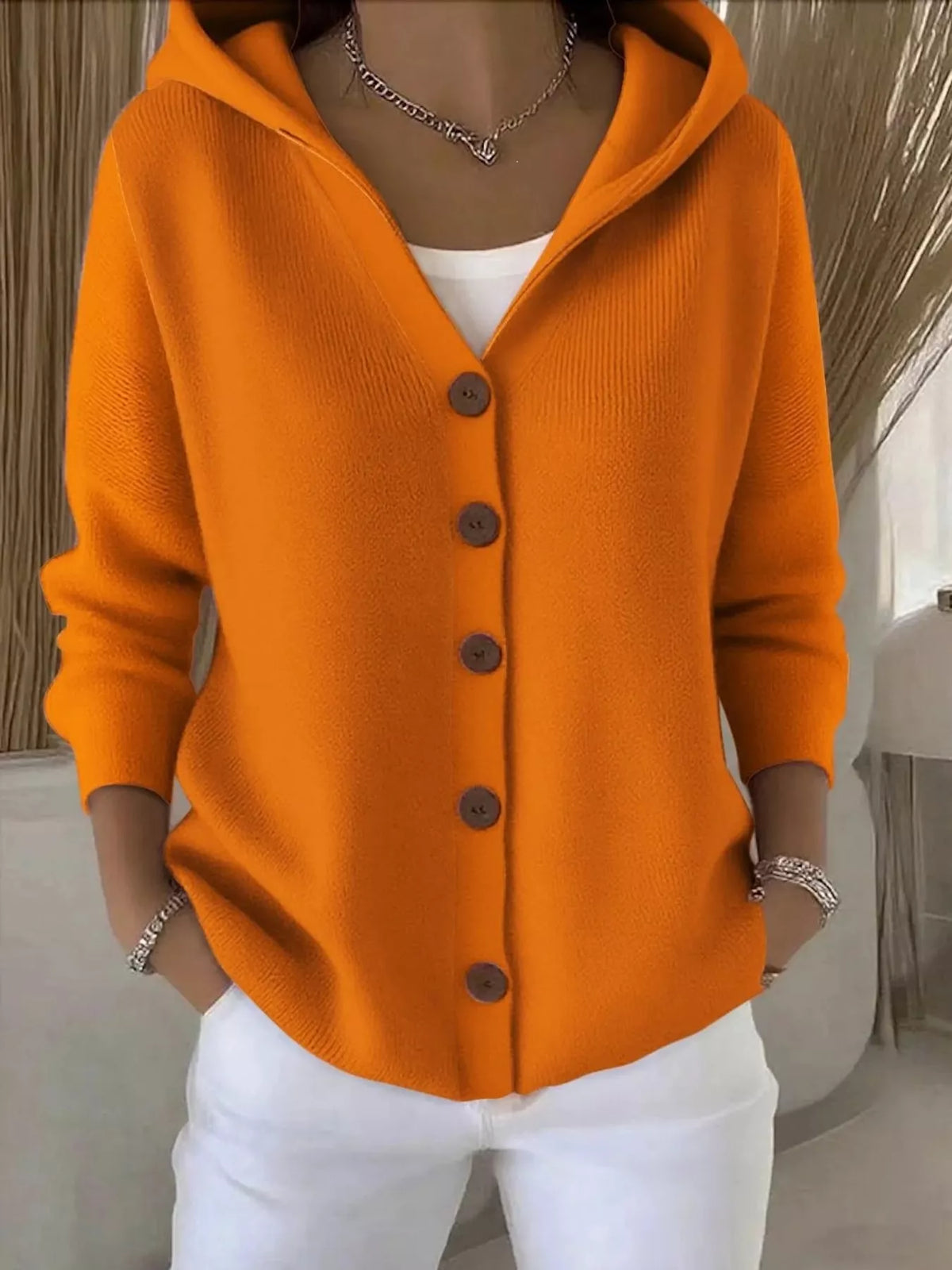 Full Size Hooded Button-Down Knit Cardigan Plus Size - Orange - View 33