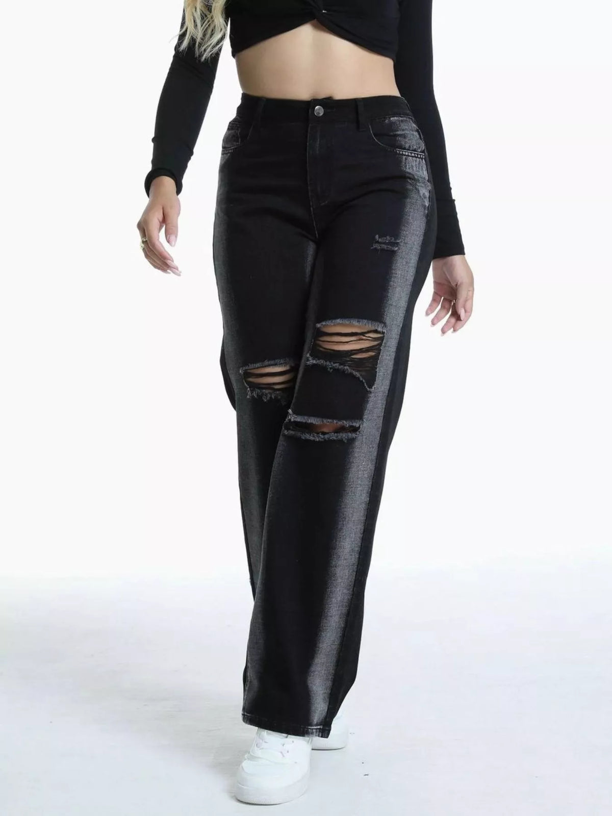 Distressed Wide-Leg Jeans - Black - View 4
