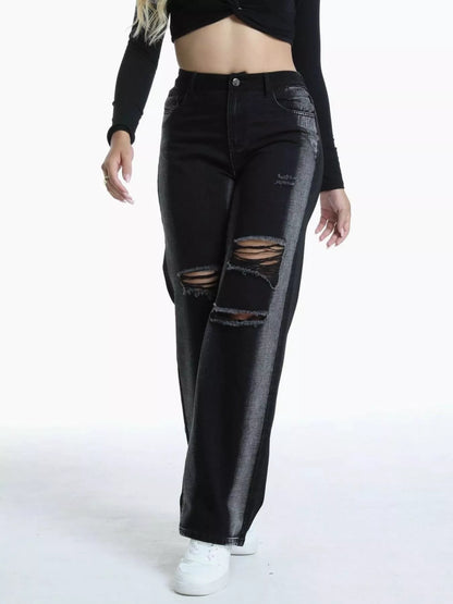 Distressed Wide-Leg Jeans - Black - View 4
