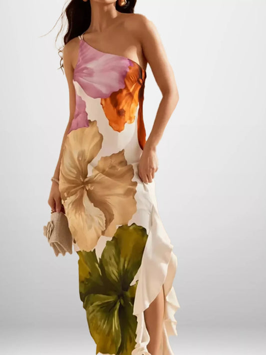 Full Size One-Shoulder Floral Print Satin Maxi Dress Plus Size - Tan - View 2