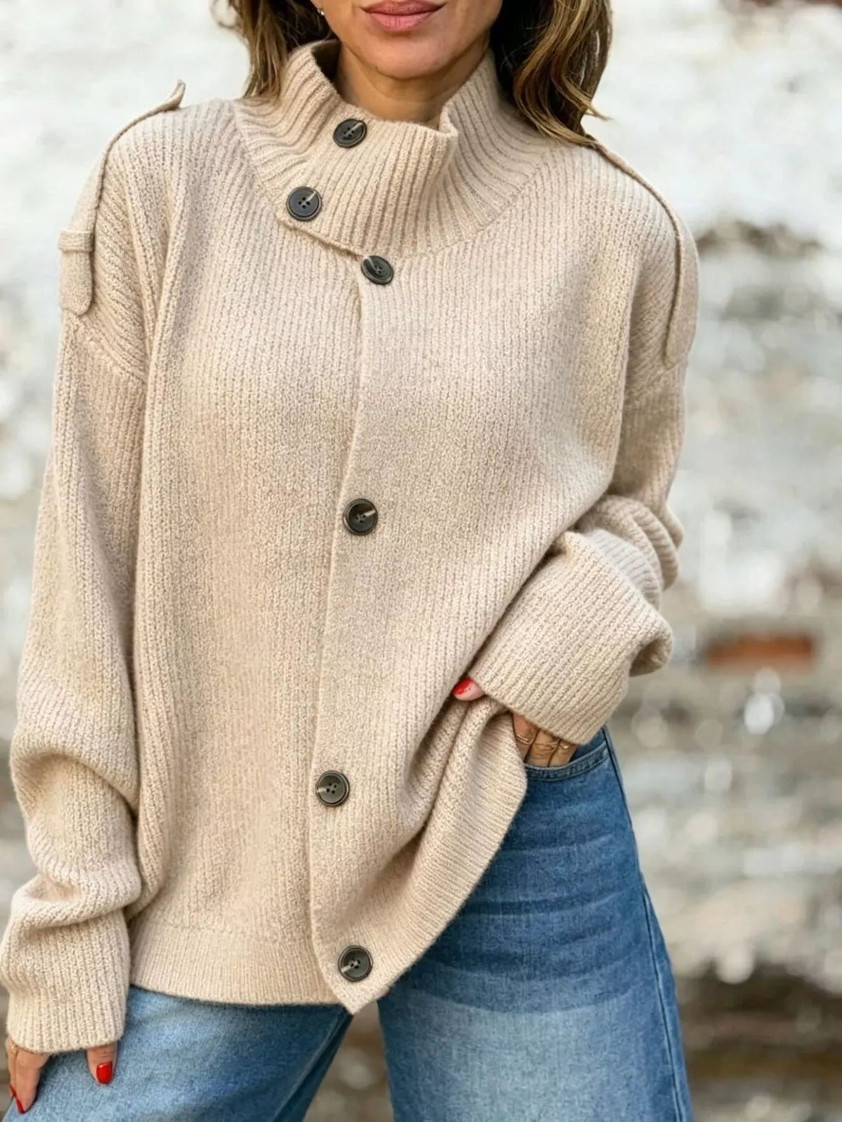 Full Size Button-Up Mock Neck Cardigan Plus Size - Apricot - View 1