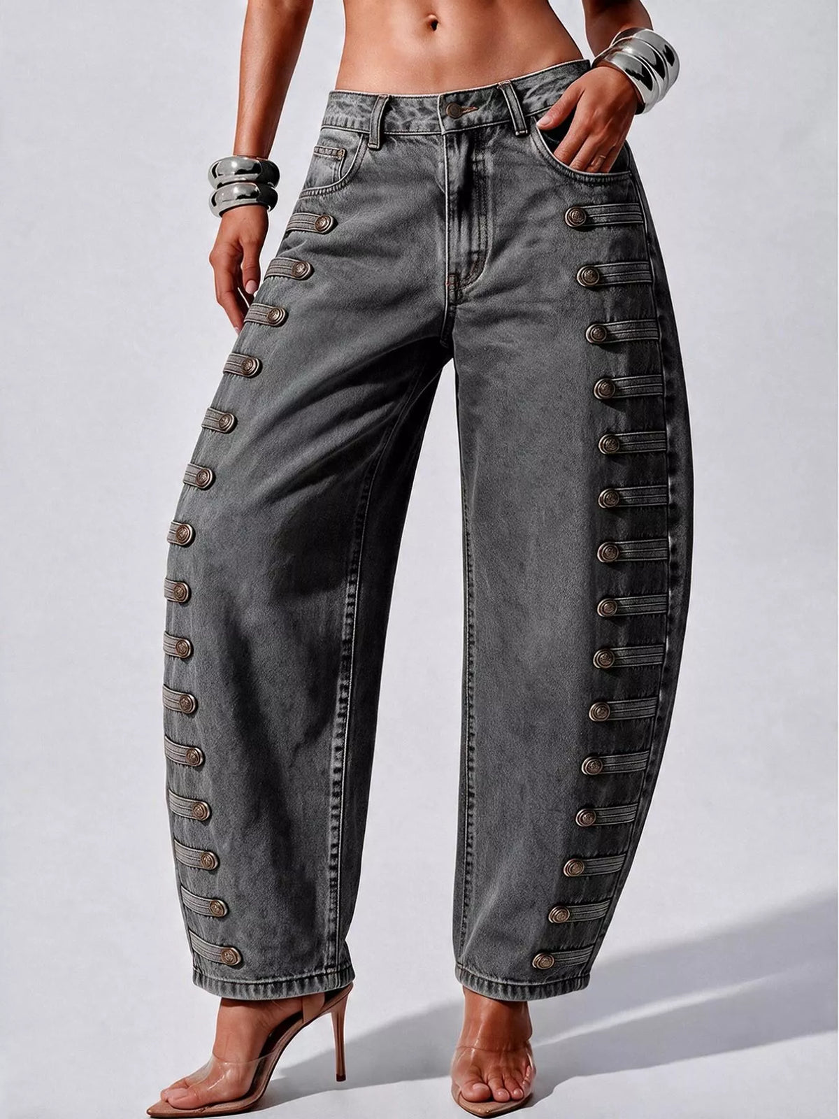Decorative Button Wide Leg Jeans - Dark Gray - View 32