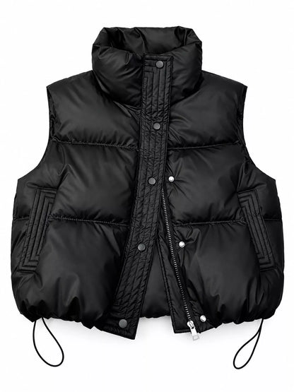Drawstring Snap Down Puffer Vest Coat - Black - View 2