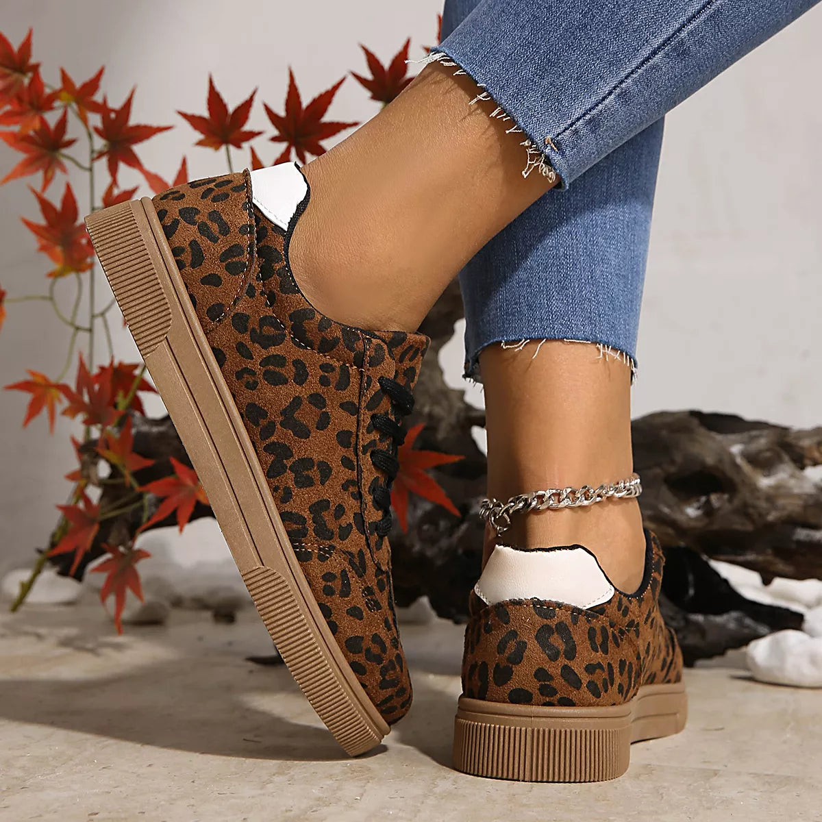 Leopard Lace Up Sneakers - Brown - View 4