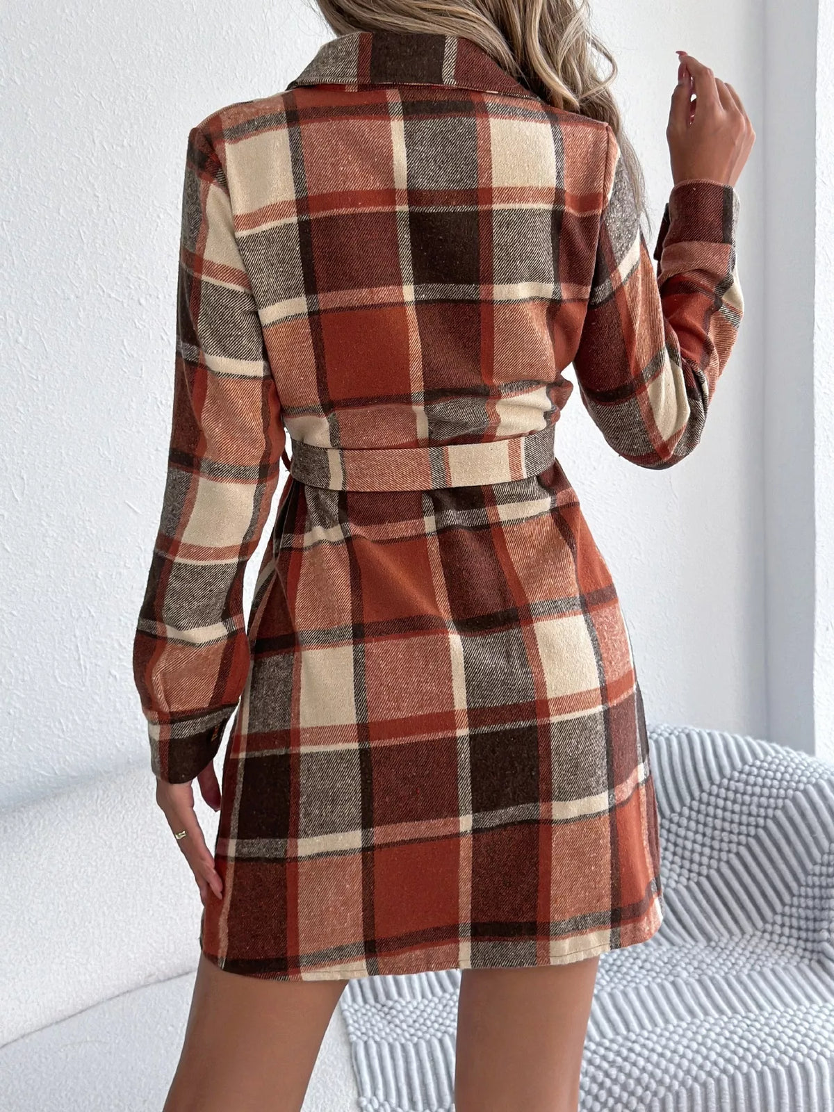 Plaid Button Front Tie Waist Shirt Dress - Orange - View 14