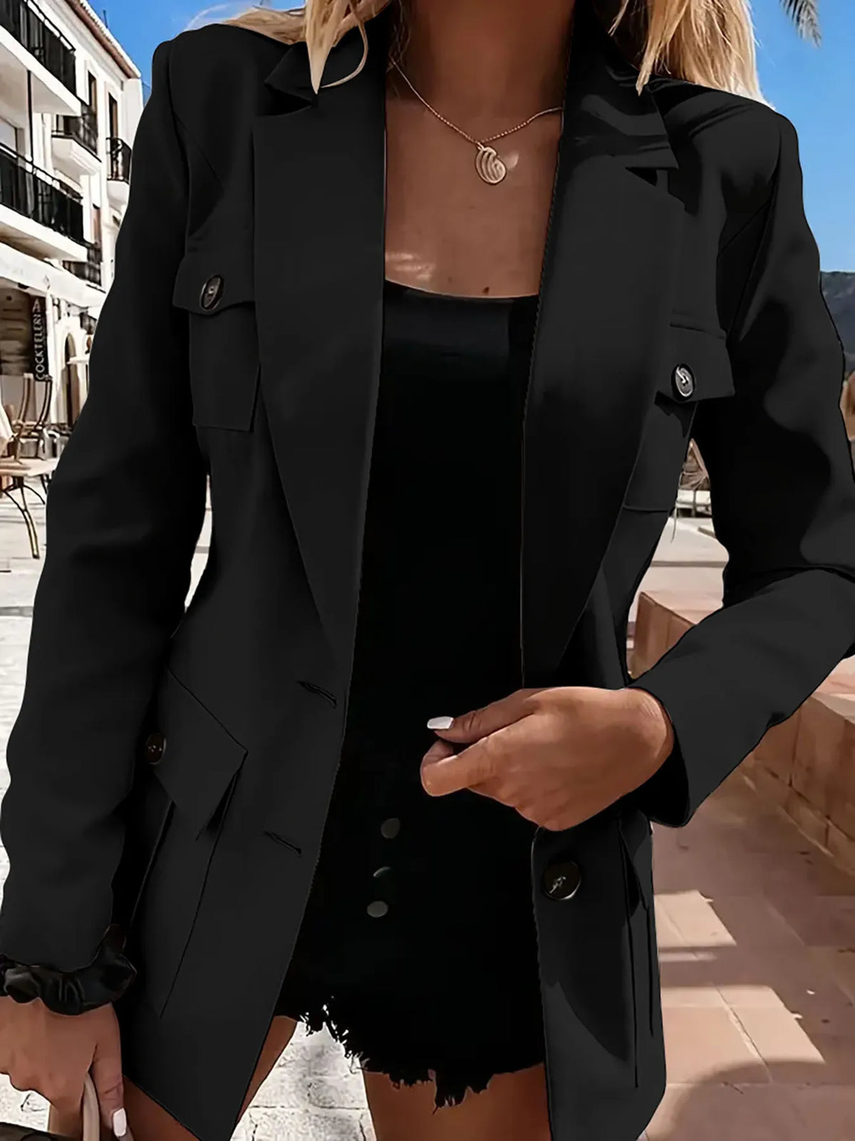 Lapel Collar Long Sleeve Blazer - Black - View 10