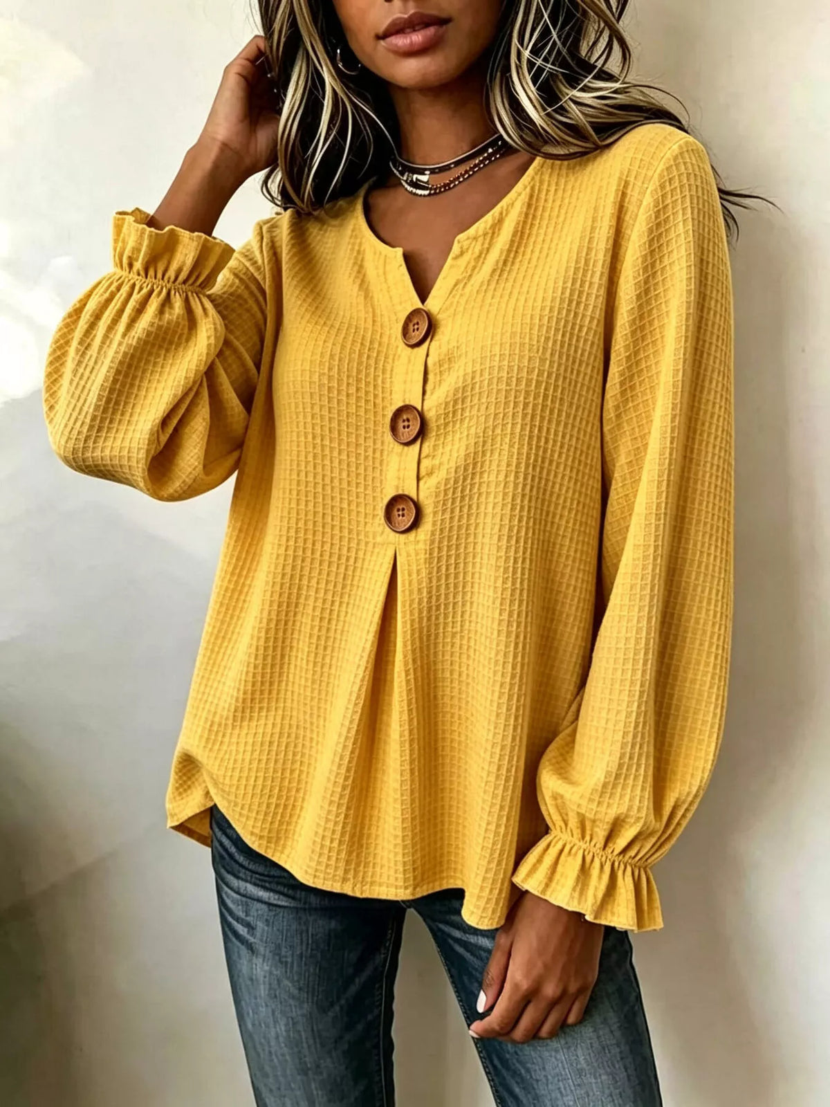Waffle Knit Long Sleeve Top - Mustard - View 18