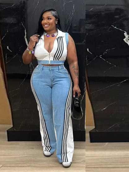 Zip Front Crop Top and Striped Pants Set - White - Styled Front View