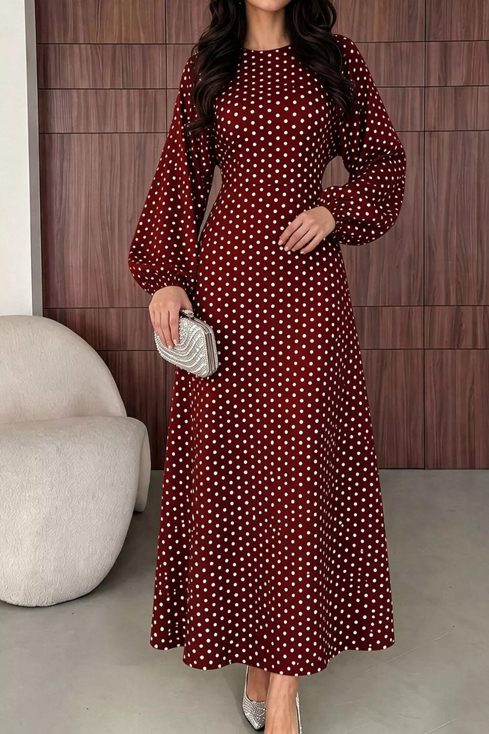 Polka Dot Long Sleeve Maxi Dress - Burgundy - View 4