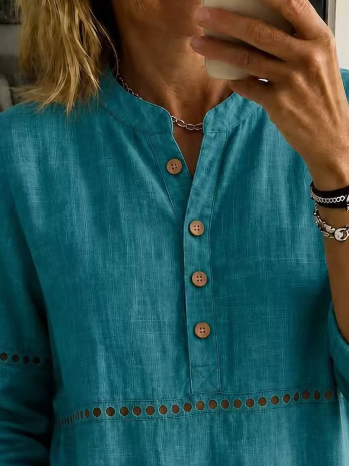 Full Size Button Detail Eyelet Long Sleeve Blouse Plus Size - Emerald - View 2