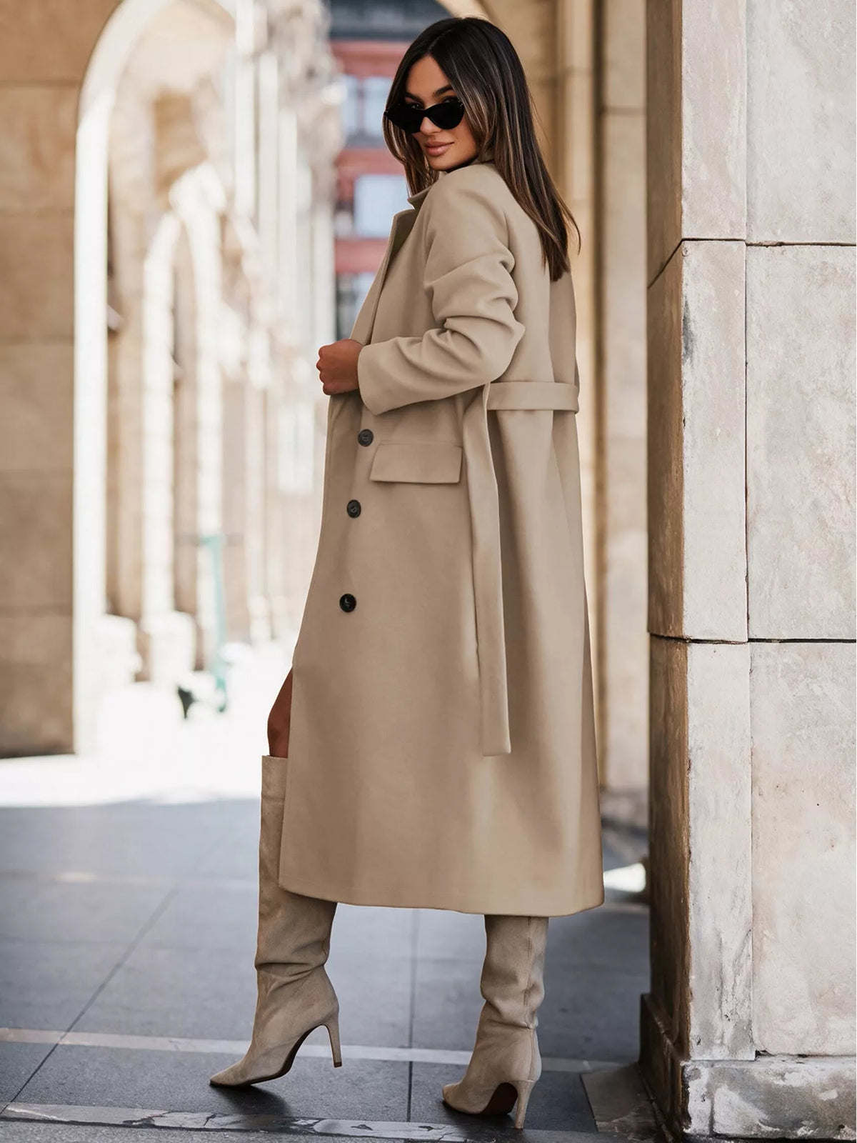 Double-Breasted Lapel Collar Longline Coat - Khaki - View 5