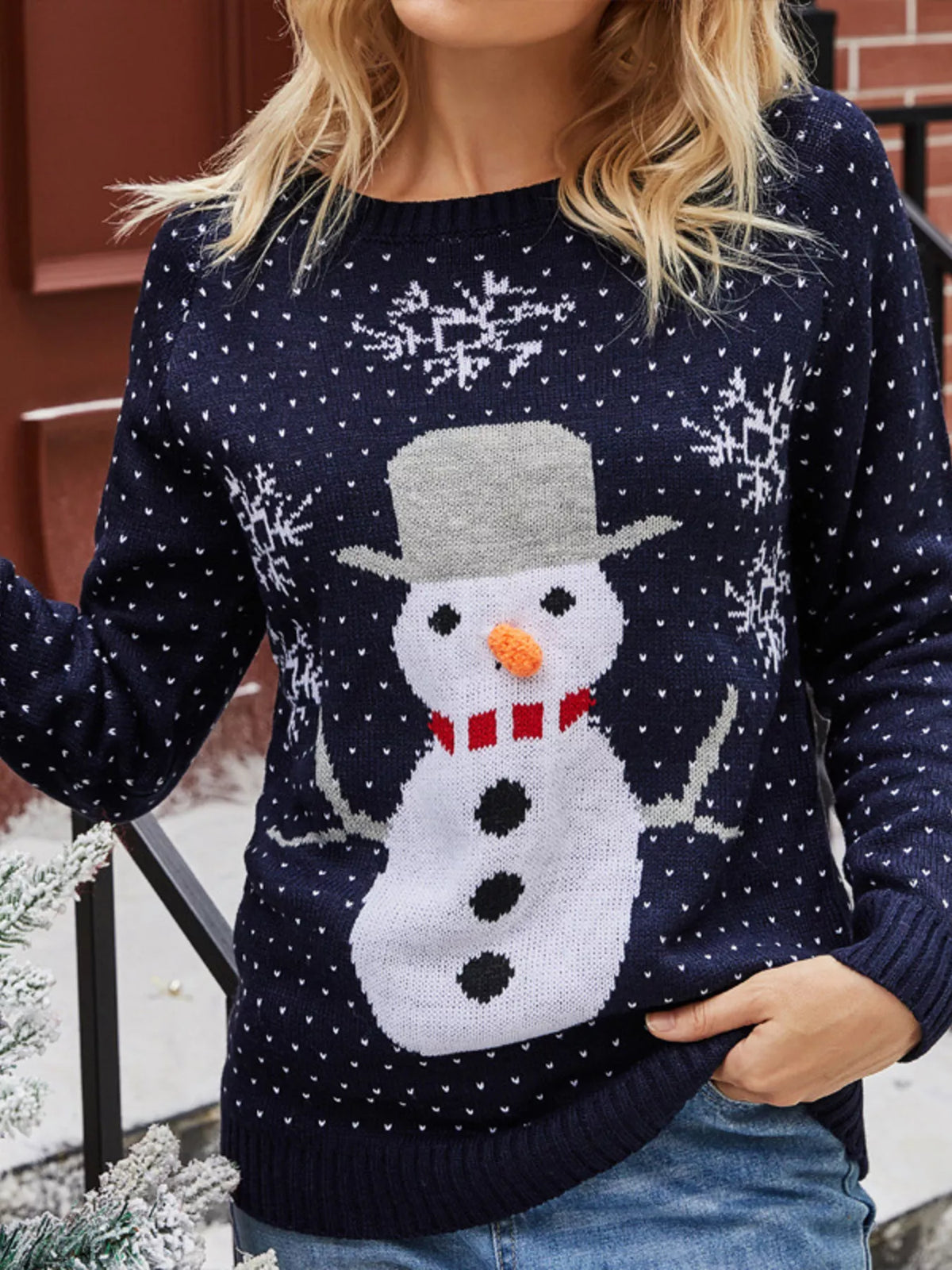 Snowman Graphic Raglan Sleeve Sweater - Navy Blue - View 3