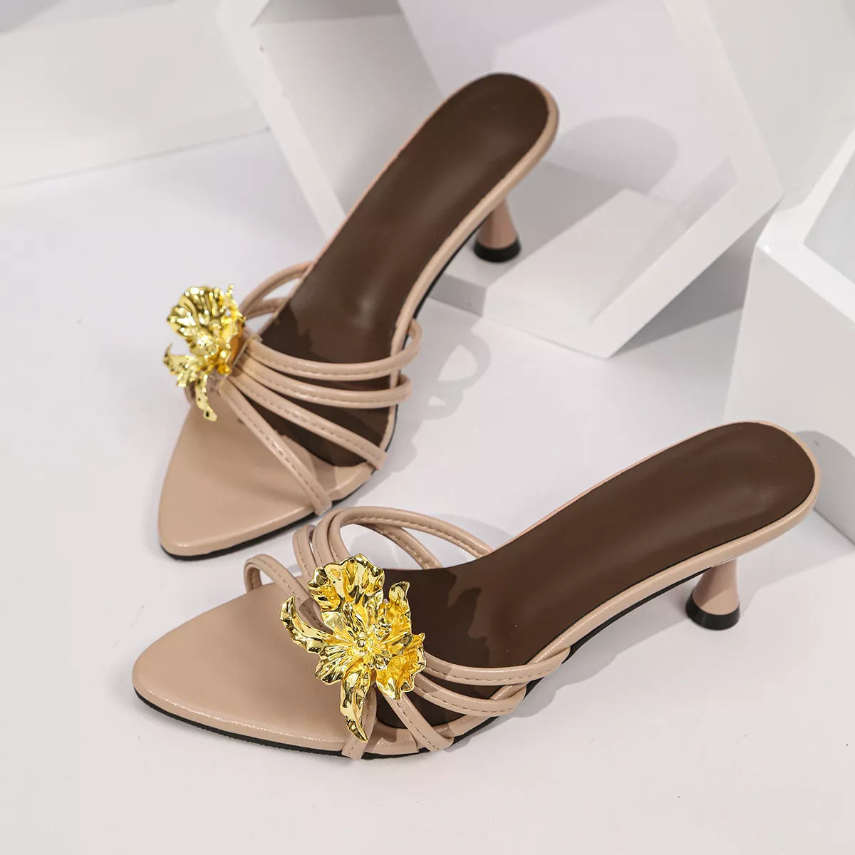 Floral Accent Kitten Heel Sandals - Nude Pink - View 3