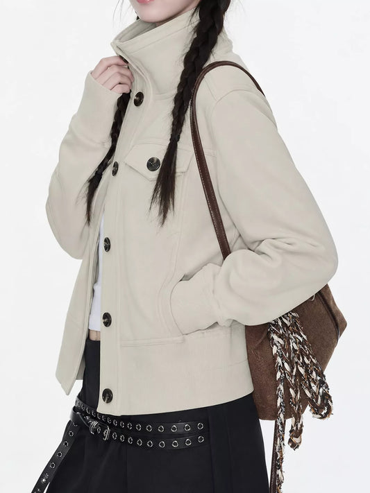 High-Neck Button-Up Jacket - Khaki - View 2